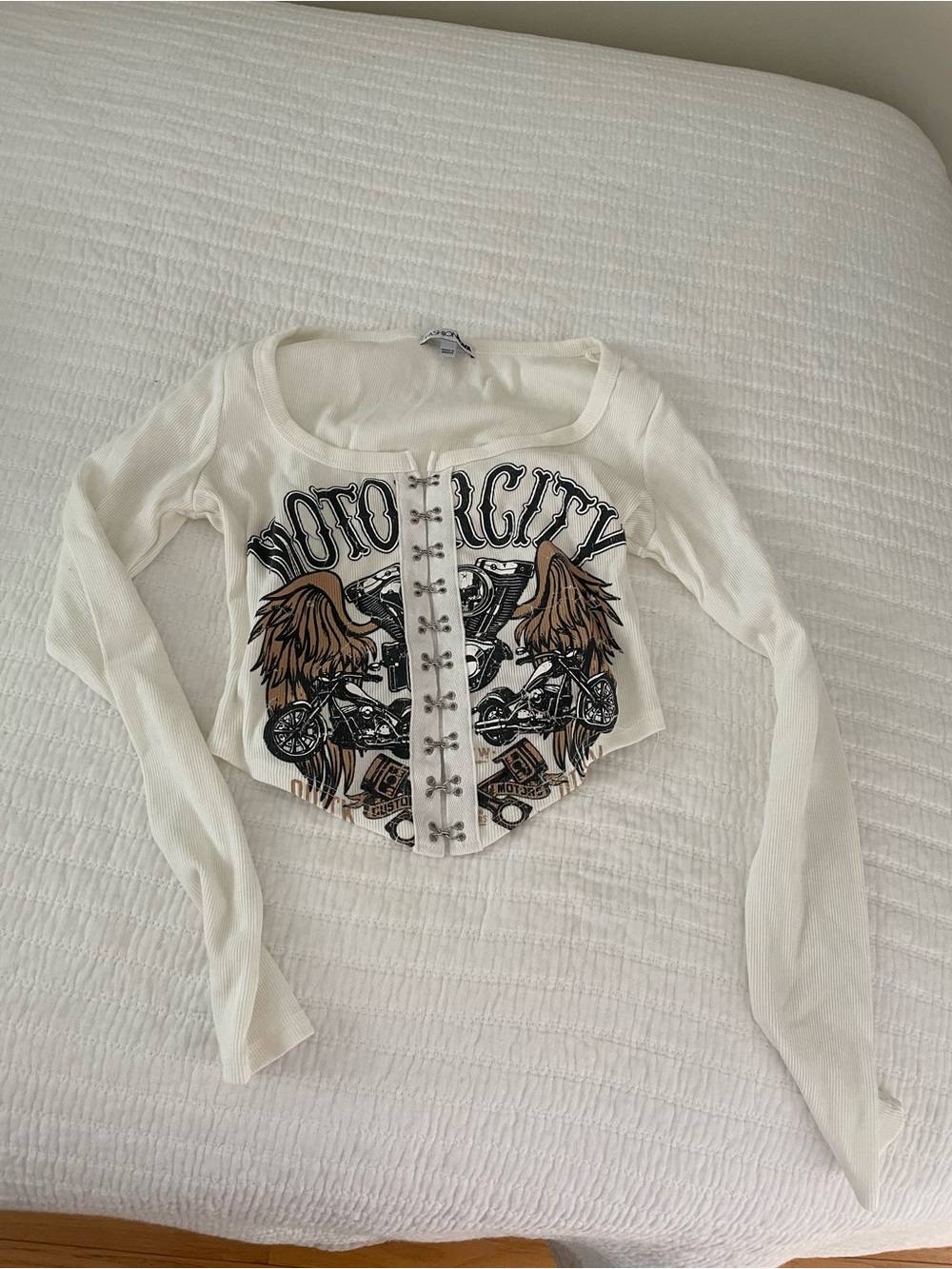 Fashion Nova Motor City Graphic Lace-Up Long Sleeve Top - White